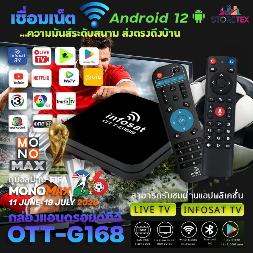 Android 12 TV Box Infosat G168 กล่องทีวีอินเตอร์เน็ต (Infosat TV, Mono Max, Netflix, Ais Play)