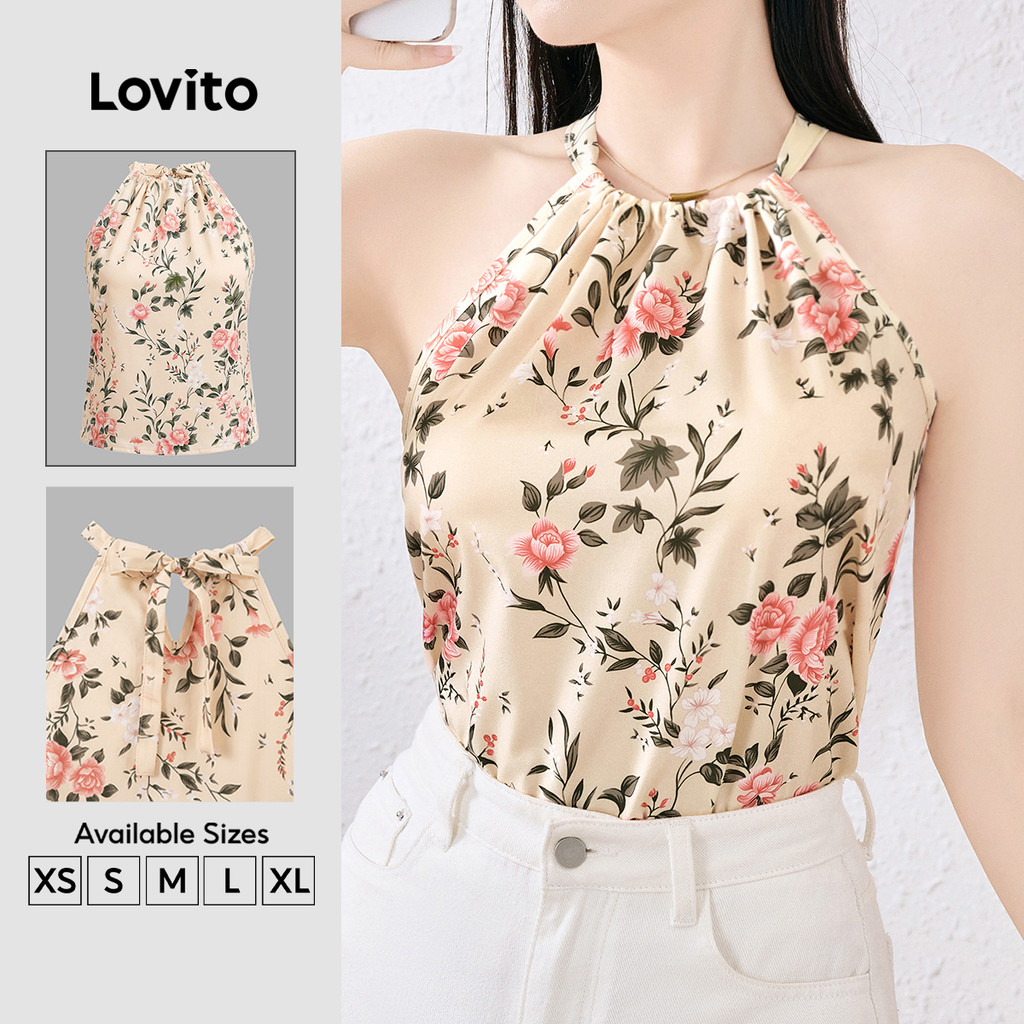 Lovito เสื้อสไตล์รีสอร์ทฤดูใบไม้ผลิ/ฤดูร้อนสำหรับผู้หญิงที่มีเชือกผูกด้านหลังแบบวันหยุด L137ED657