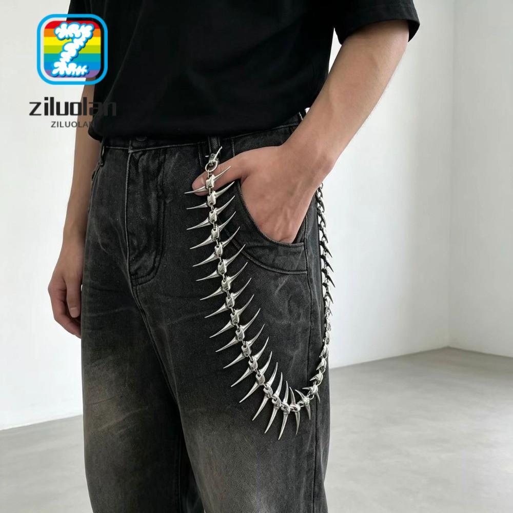 ZILUOLAN โซ่เอว, โลหะเครื่องประดับ Jean Pant Chain, Punk Spike Fishbone กระเป๋าสตางค์พวงกุญแจ Jean ก