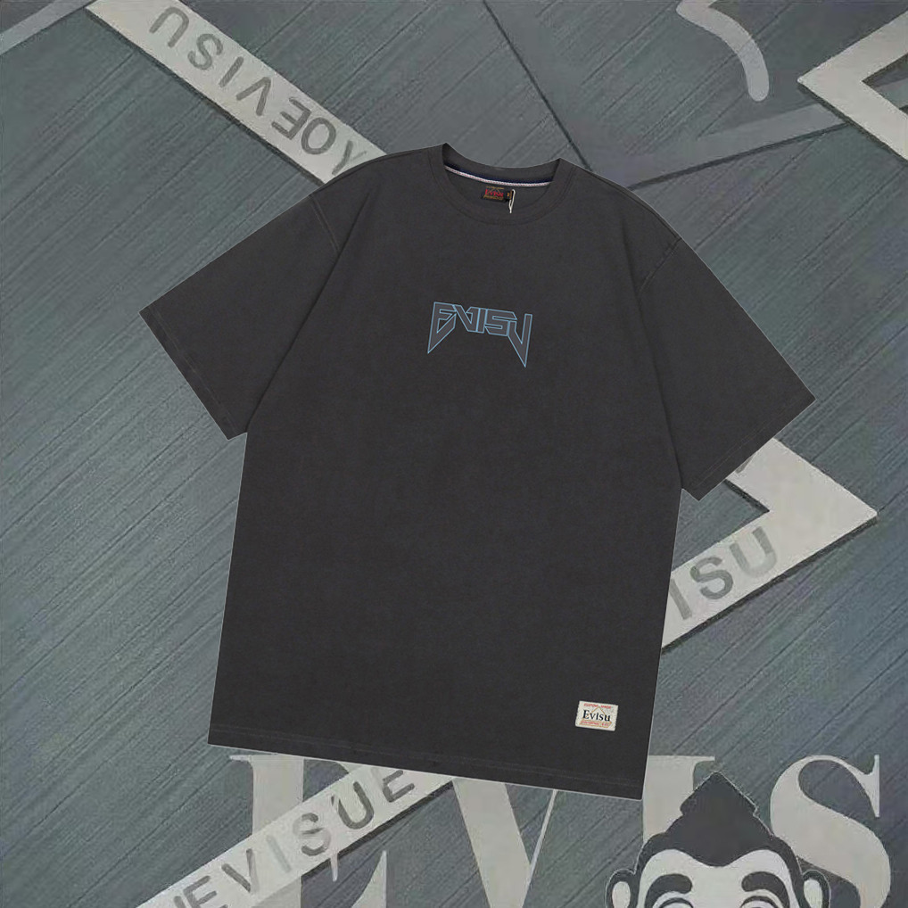 EVISU/God of Fortune/2026 คลาสสิกรอบคอแขนสั้นเสื้อยืดผู้ชายผู้หญิงสไตล์ Two-Line Outdoor Tops พร้อมไ
