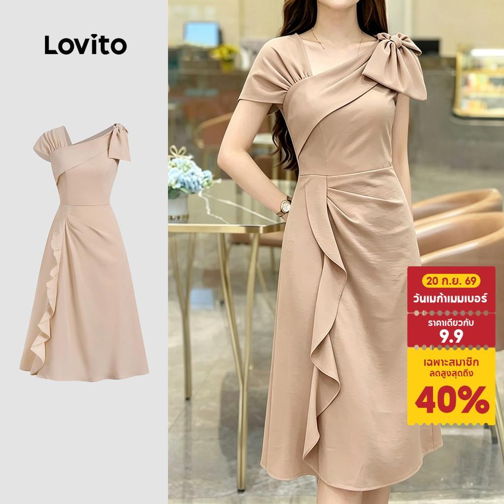 Lovito เดรสทรงไม่สมมาตรแต่งระบายพร้อมโบว์ สไตล์เอเลแกนซ์ สําหรับฤดูใบไม้ผลิ/ฤดูร้อน สีคากี L196LD137