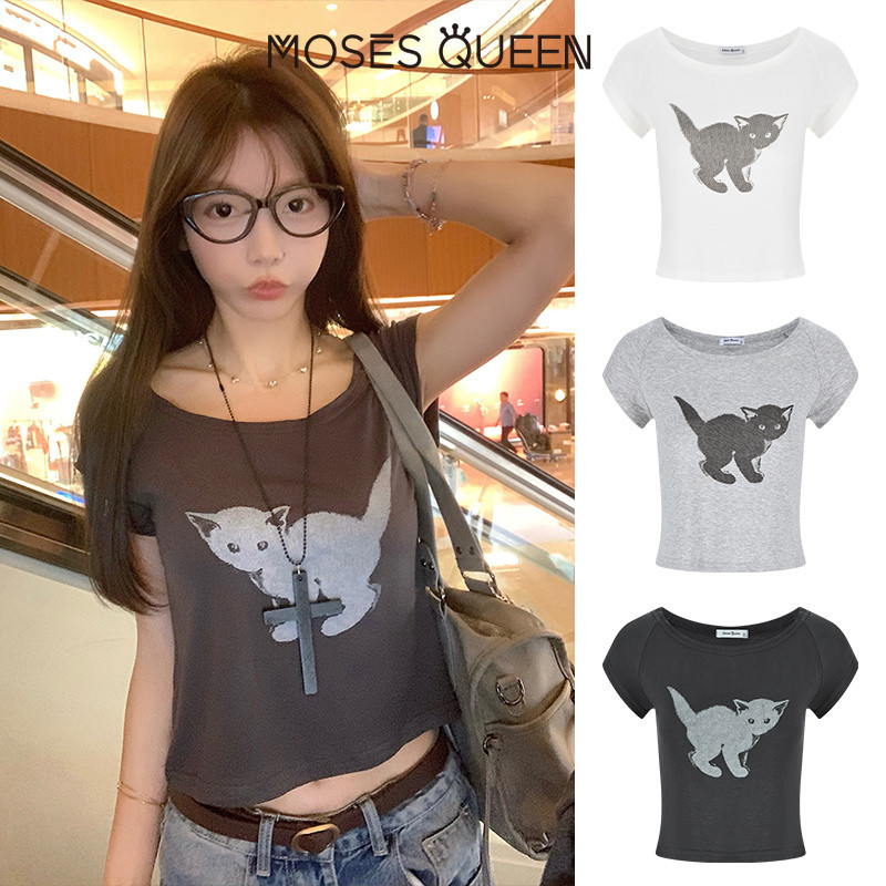 MOSESQUEEN تيشيرت بطباعة قطة سوداء ريترو — صورة 5