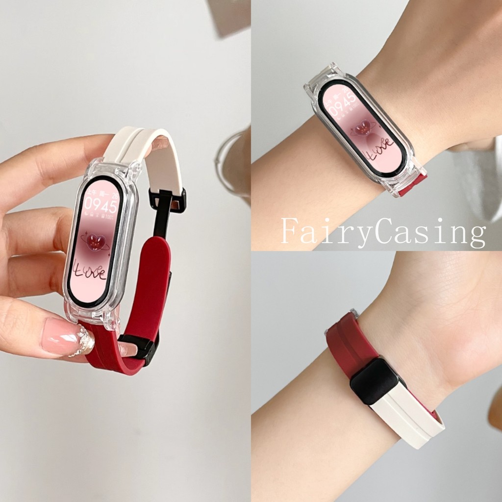 เคสใส + สายซิลิโคนสําหรับ Xiaomi Mi Band 10 9 8 7 6 5 สายคล้องคอสําหรับ Mi 10 รุ่นเซรามิคกีฬา Band