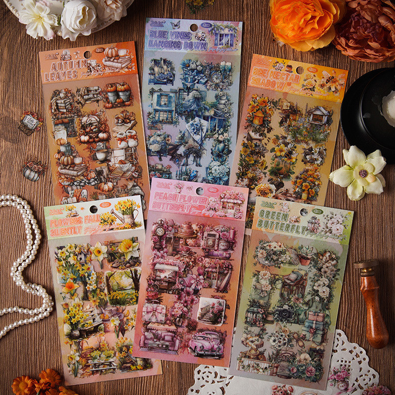 4 แผ่น Vintage ภูมิทัศน์ Series ดอกไม้สติกเกอร์ PET ไดอารี่ Deco DIY สติกเกอร์