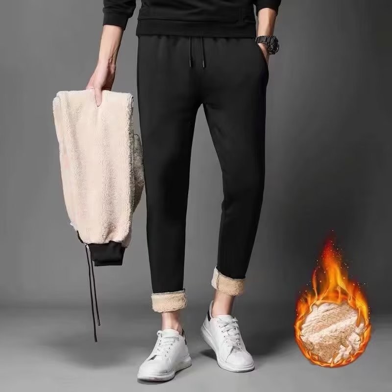 PLUS ขนาด 2025 ฤดูหนาว Thermal Joggers สําหรับชายขนแกะ-Lined PLUS ขนาดยืดหยุ่น Cuff หลวม Casual Sweatpants กางเกงสีดํา