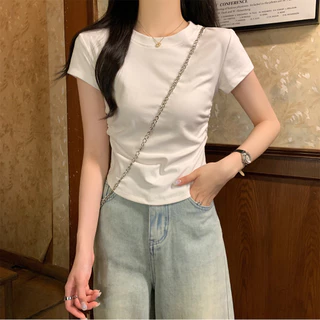 Hotgirl พร้อมส่ง เสื้อยืดผู้หญิง เสื้อแฟชั่น ผ้ายืดรูปทรงสวย น่ารัก ด้านข้างออกแบบจีบ แขนสั้นคอกลม สไตล์ย้อนยุคเกาหลี