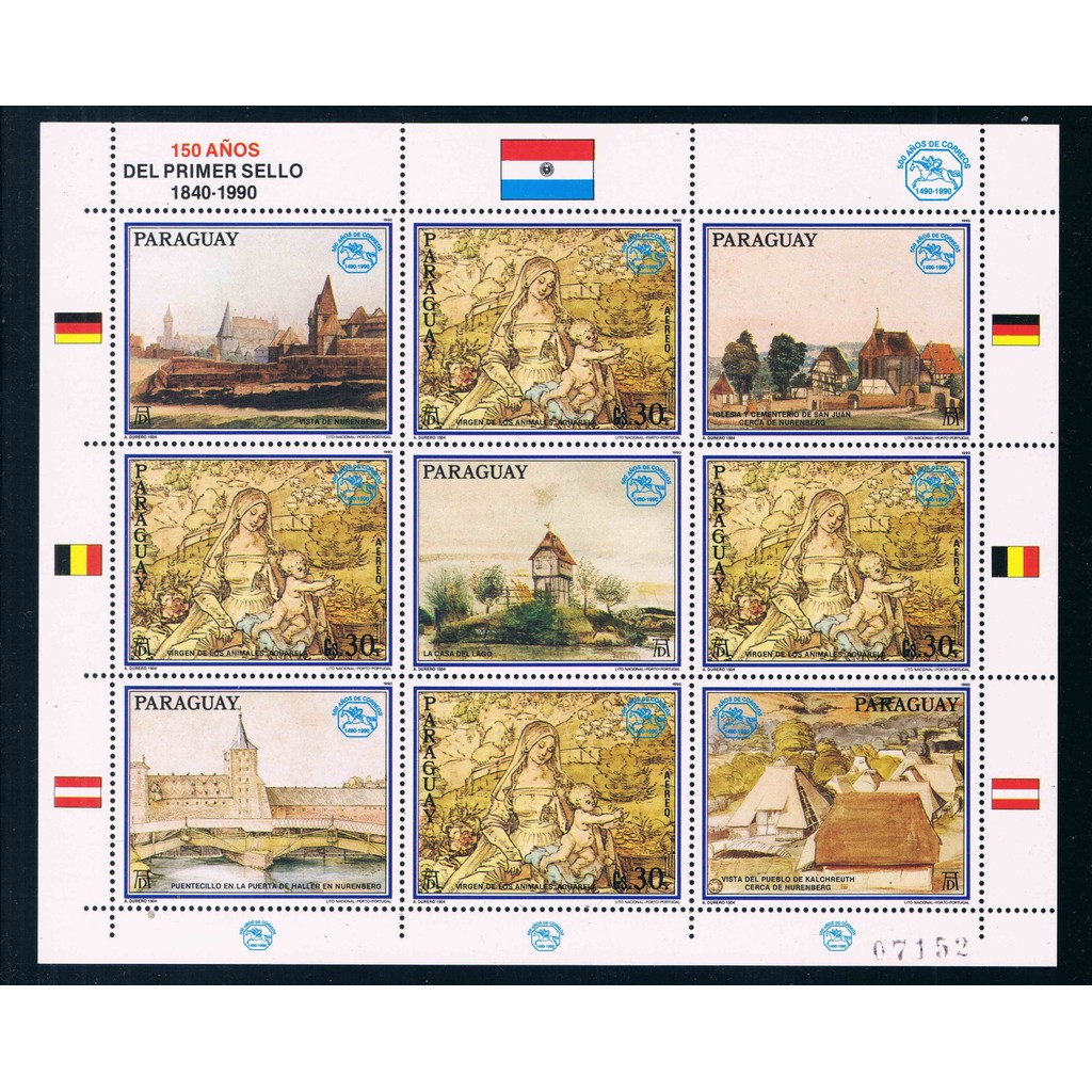 P PA0087 Paraguai 1990 ยุโรปการสื่อสารไปรษณีย์ 500 ปีภาพวาดขนาดเล็ก Edition แผ่น 1 ยี่ห้อใหม่แสตมป์ 