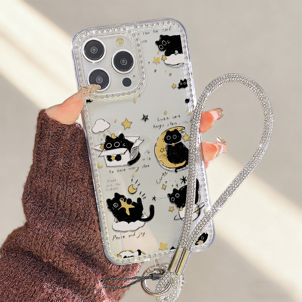 เคสใสกากเพชร​สำหรับ​รุน สำหรับ For iPhone 11 12 13 14 15 16 17 Pro Max เคสไอโฟน15Promax แวววาว กันกระแทก กับ เชือกแขวน