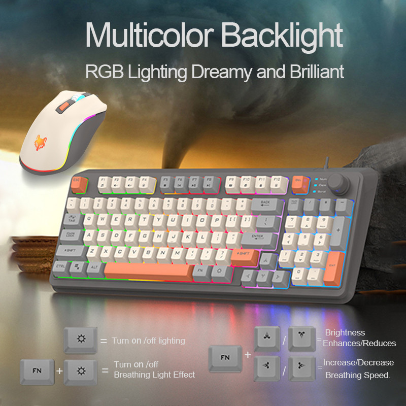 Hyun Silver Fox K82 Gaming Keyboard Mouse Set Mechanical Feel คีย์บอร์ดแบบมีสายคีย์บอร์ดเกมสามสี RGB