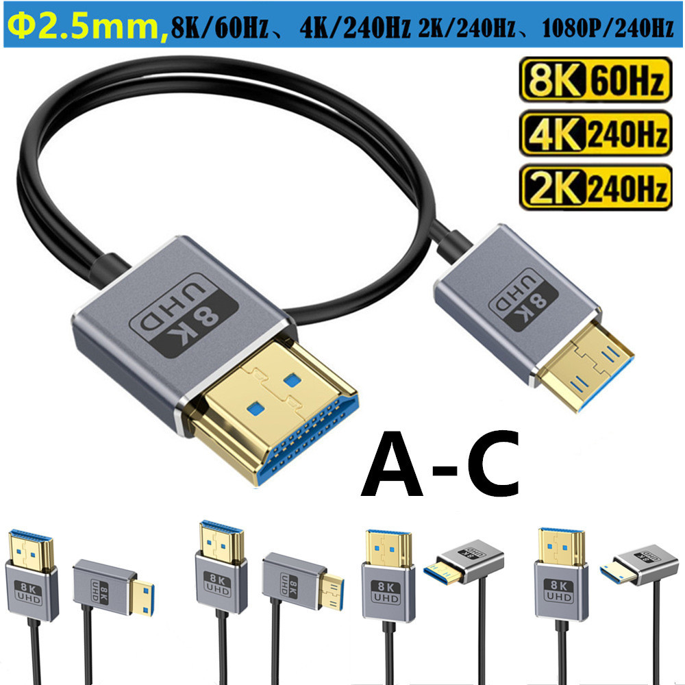 8K @ 60Hz 90 องศา Mini HDMI Male to HDMI Male 2.1 Coaxial Cable 0.3 m/0.6 m/1.2 m สําหรับกล้องดิจิตอ