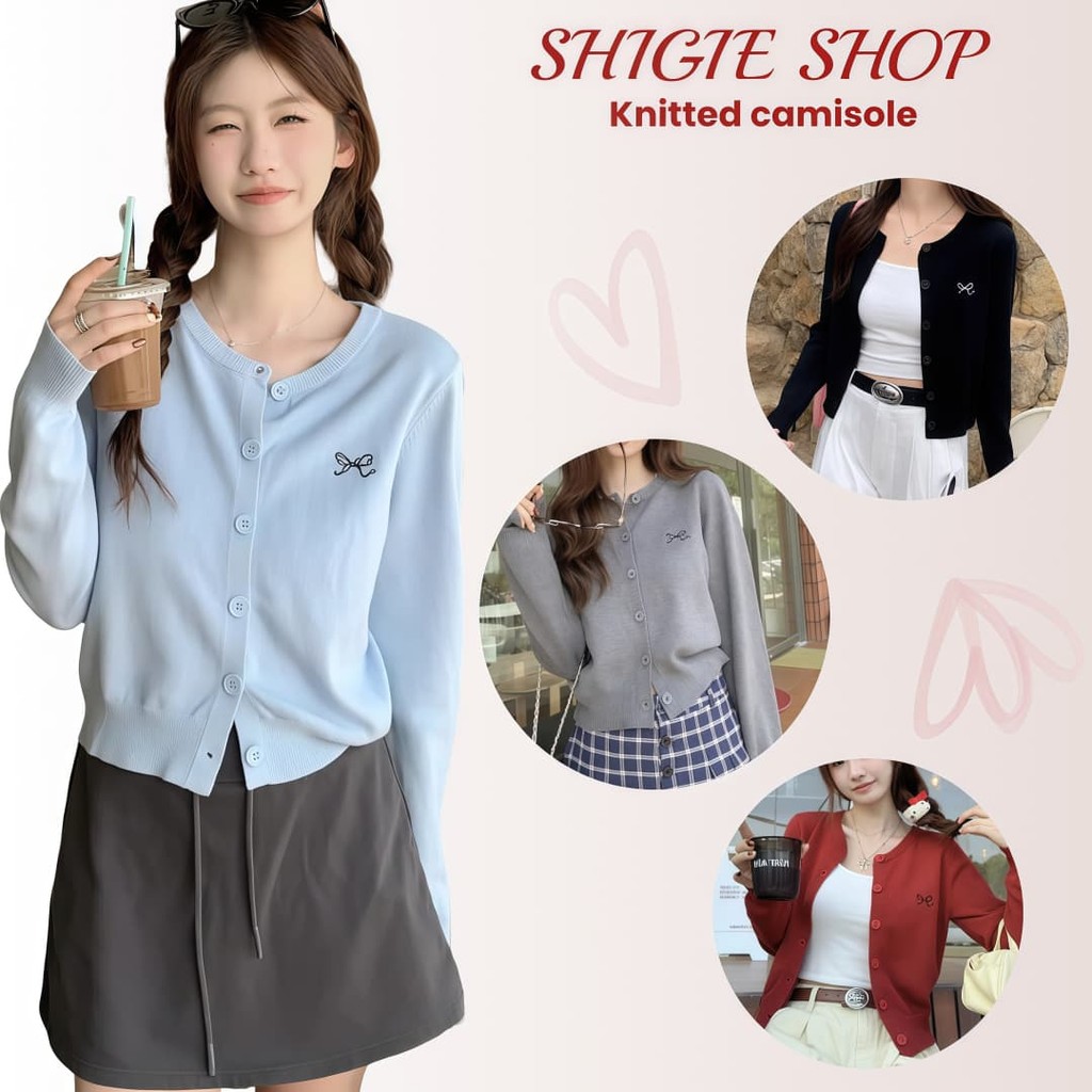 Shigie เสื้อคาดิแกนไหมพรม แขนยาว คอกลม ปักหน้าอก (สีดำ) Z-YX12