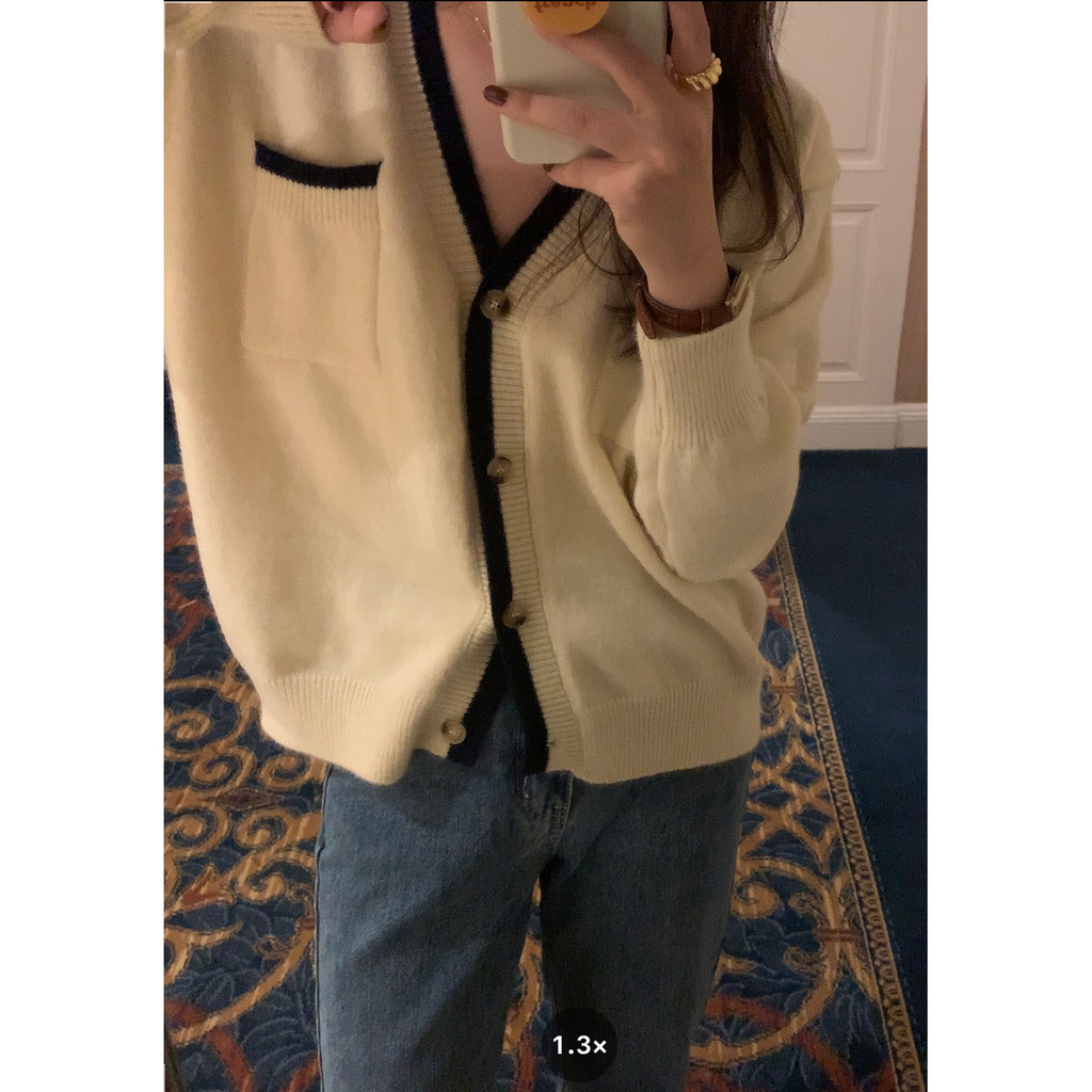 FCY Studio คอถักเสื้อสเวตเตอร์ผู้หญิง สไตล์เกาหลีcontrastสี ทรงหลวมทันสมัย