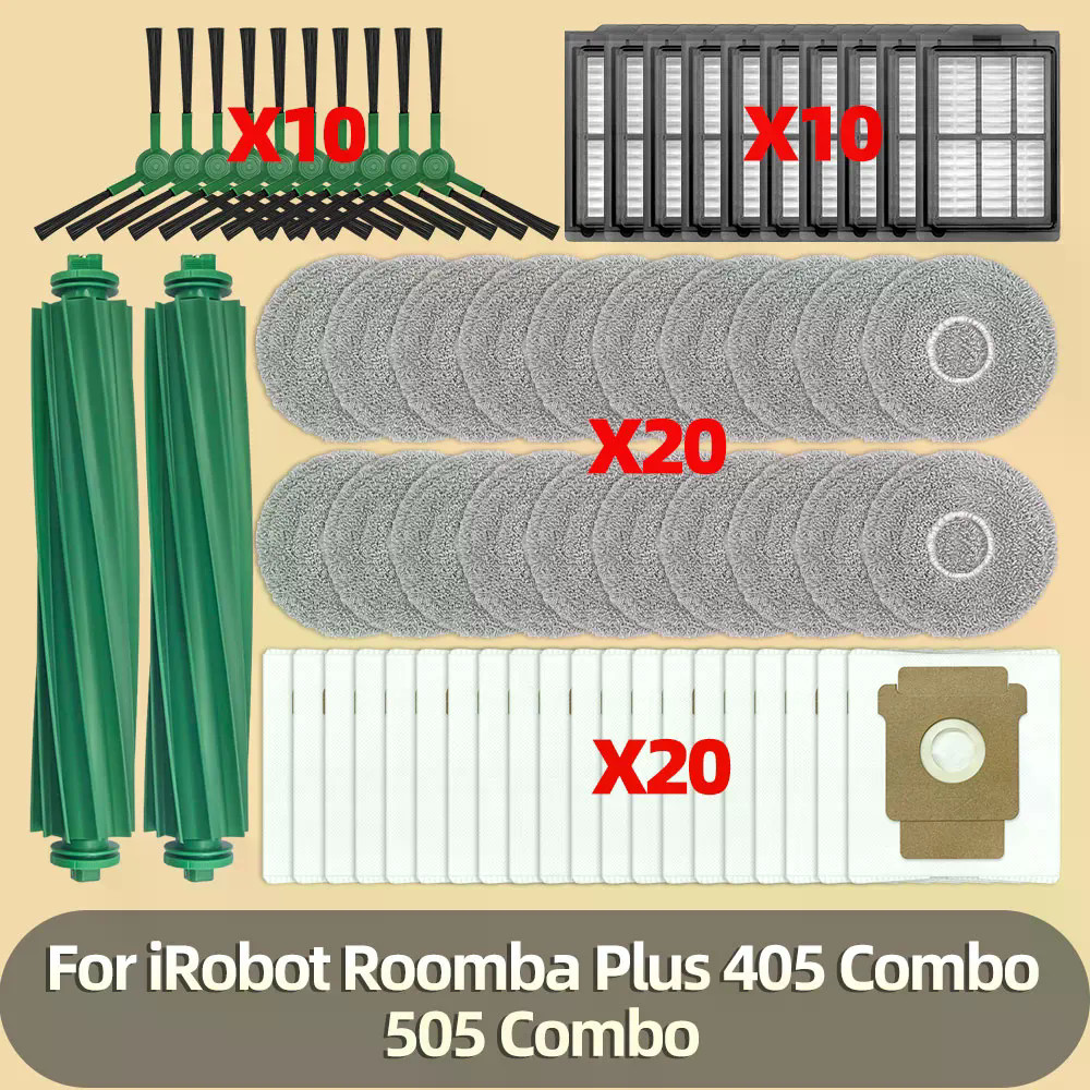 Fit สําหรับ iRobot Roomba Plus 405 / 505 Combo ชิ้นส่วนสูญญากาศ Mop ผ้าหลักแปรงด้านข้างกรอง Hepa ถุงเก็บฝุ่นอุปกรณ์เสริมเปลี่ยน