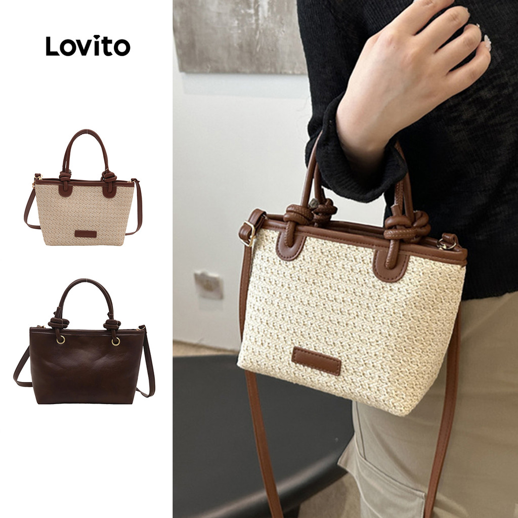 Lovito ลำลองสีพื้นStraw กระเป๋า ครอสบอดี้หลายช่องple Strap Methods กระเป๋าสะพายไหล่ สำหรับผู้หญิง LF
