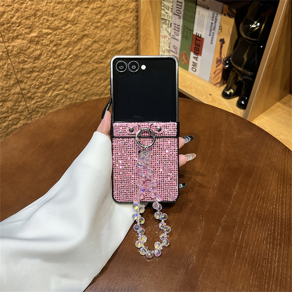 LUKEN LUKEN เกาหลี Glitter สีชมพูเคสโทรศัพท์คริสตัลสร้อยข้อมือสําหรับ Samsung Galaxy Zflip7 Zflip6 F
