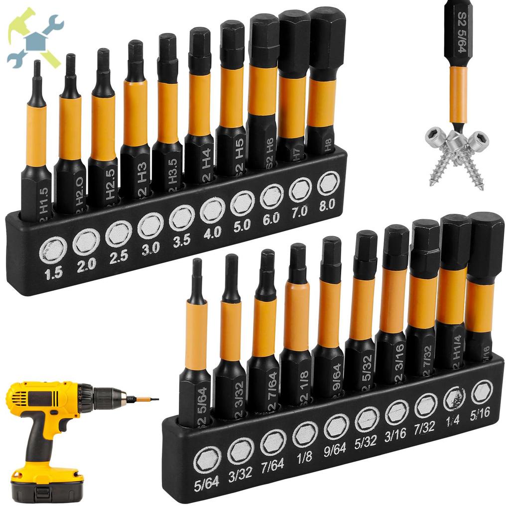 20 ชิ้น Impact Hex หัว Allen ประแจเจาะชุด Bit SAE และเมตริก S2 โลหะผสมเหล็ก Hex Bit ชุด SHOPTKC8026