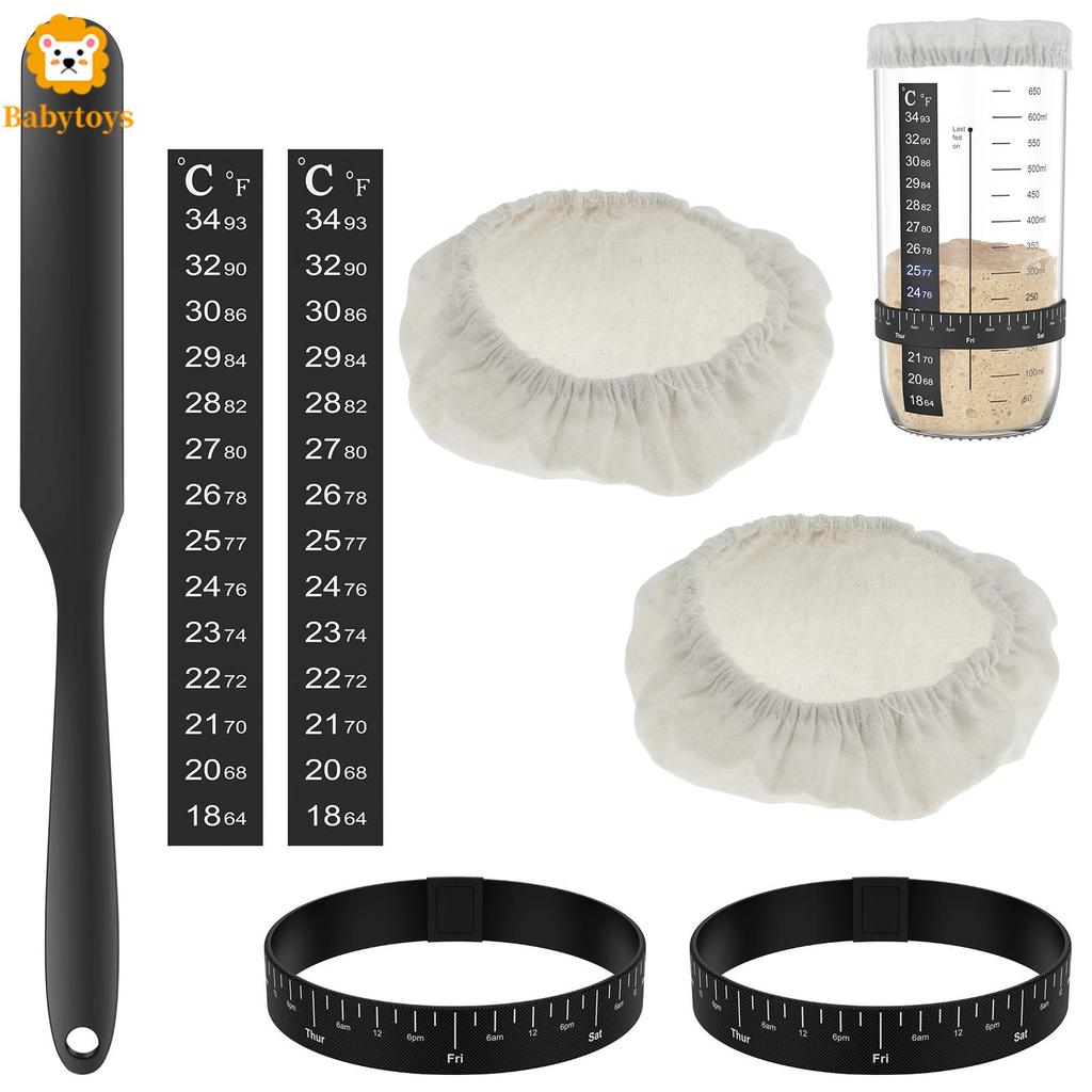 7 ชิ้น Sourdough Starter Kit Sourdough Starter อุปกรณ์เสริมผ้าครอบคลุมอุณหภูมิและวันที่ Marked Feedi