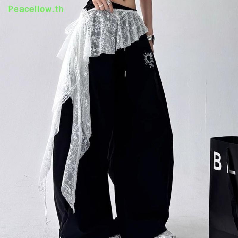 Peacellow ปักดอกไม้ลูกไม้กระโปรงดูผ่าน Y2K Streetwear Ruched กระโปรงไม่สม่ําเสมอ Lace Up Ruffle กระโ
