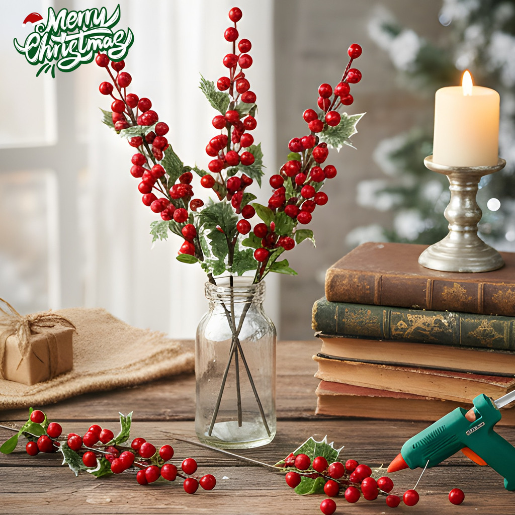 Lush Christmas 4-Fork - สาขาเบอร์รี่สีแดง - เลือกที่อุดมไปด้วยสําหรับพวงหรีดต้นคริสต์มาส DIY ฤดูหนาว