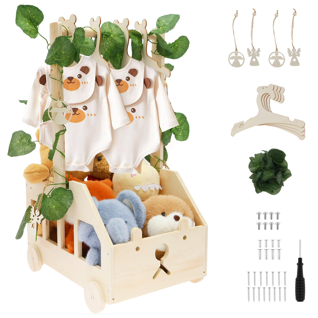 DIY Baby Shower Crate ตู้เสื้อผ้าพร้อมที่จับไม้ที่ไม่ซ้ํากันเด็ก Hamper ตะกร้า Angel Tag Greenery แข