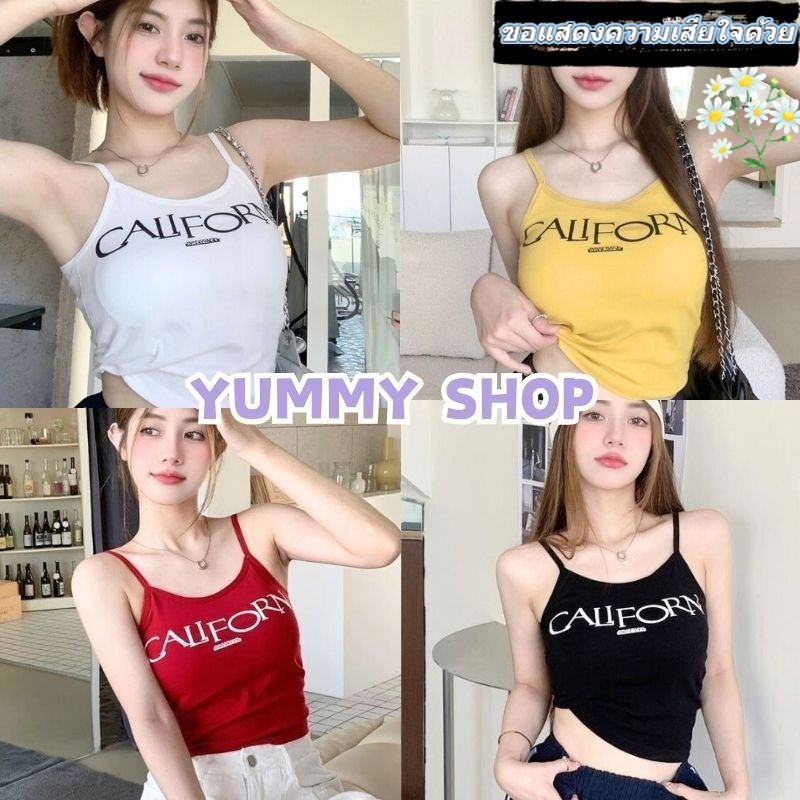 🎀Yummy Shop🎀พร้อมส่ง【FY3433】เสื้อสายเดี่ยว ลายสกีนตัวอักษร มีฟองน้ำ -H