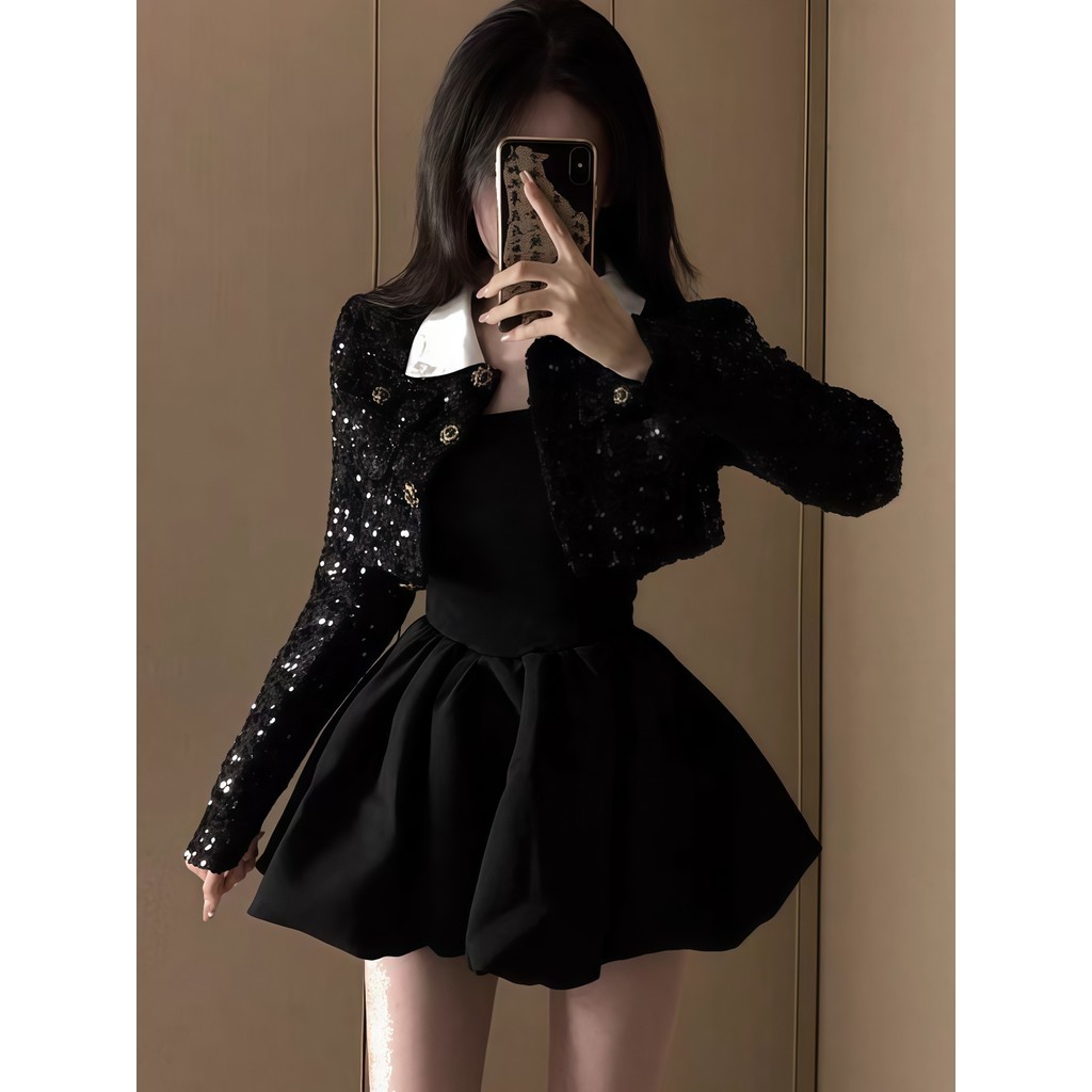 SuSu สีดำ ชุดเดรสแขนยาว น่ารักมากๆดีเทลกระโปรงพองๆสไตล์สาวเวียดนาม เอวสูง ผ้าใส่สบาย 