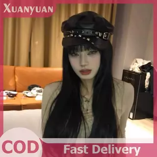 XUAN Vintage Rivet Beret Harajuku Y2K สาว Gothic Lolita หนังสีดํา Dark Face เปิดเผยแบน Newsboy หมวก Beret TH