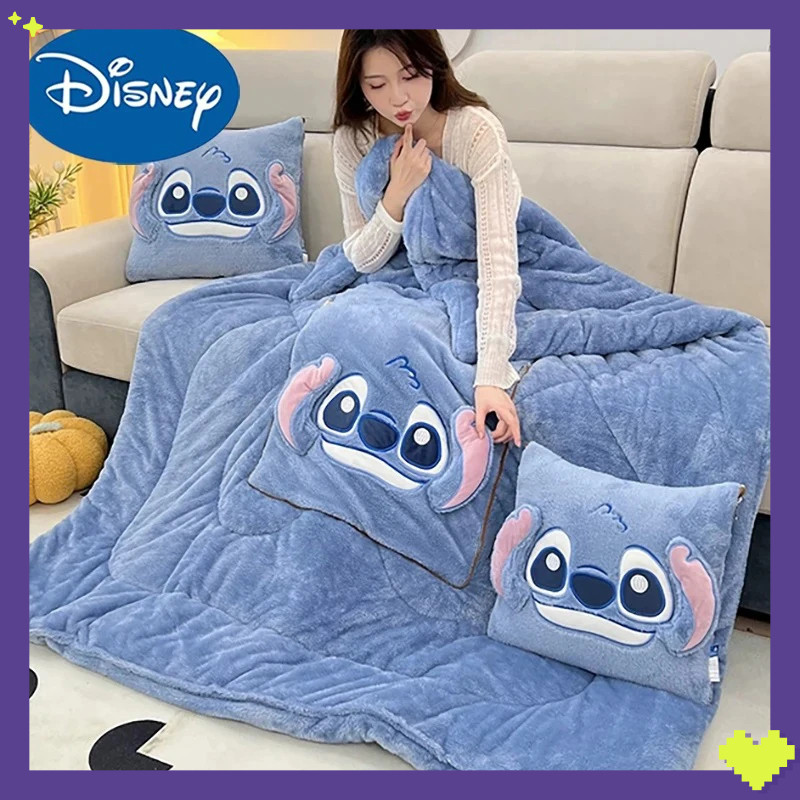 Disney Stitchโยนหมอนผ้าห่มสองในหนึ่ง Kawaii Flannel หนา Nap ผ้าห่มห้องนั่งเล่นเด็กตกแต่งห้องนอนของขวัญ