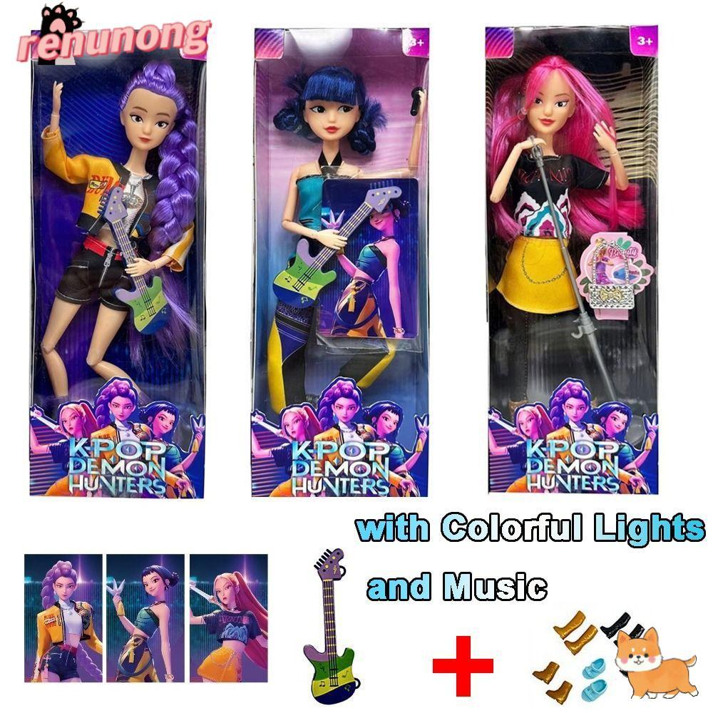 RENUNONG KPOP Demon Hunter Action Figure,Multi-Jointed Shapeshift Huntrix Girls Group ตุ๊กตาของเล่น, Rumi Zoey Mira พร้อมไฟที่มีสีสันและเพลงตุ๊กตาไวนิลของเล่น
