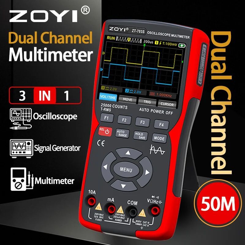 ZOYI ZT-703S 3 in 1 Oscilloscope มัลติมิเตอร์ 3.5 นิ้วจอแสดงผล IPS,25000 นับ, Dual Channel 50MHZ แบน