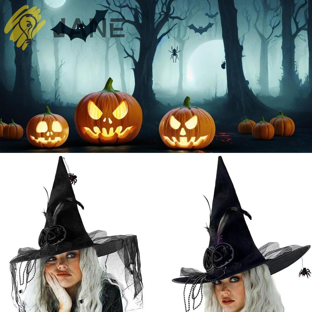 JANE หมวกแม่มดฮาโลวีน,ผ้าคลุมหน้าสีดําดอกไม้ Feather ถักจีบ Wizard หมวก, Vintage Comfort Black Spide