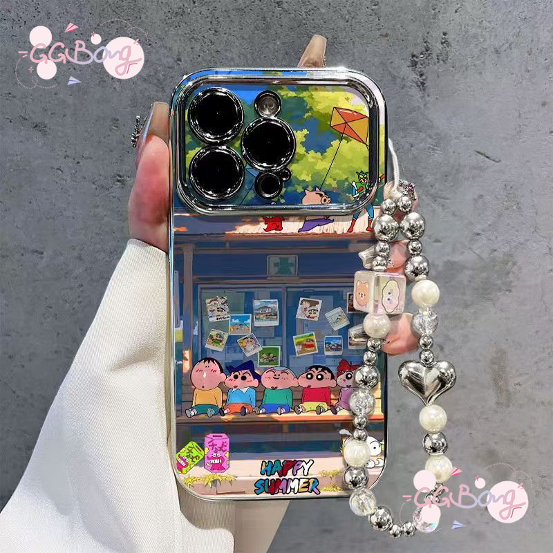 สำหรับ iPhone 13 16 15 17 11 12 14 Pro Max 7 8 16 15 14 Plus XR X XS Max กล่องเครยอนชินจังสดหน้าต่างบานใหญ่ชุบไฟฟ้า