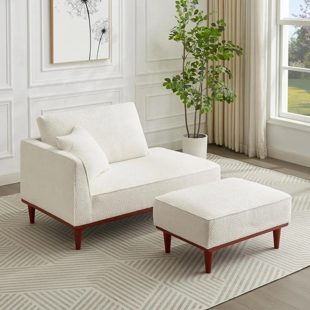 Upholstered Chaise Lounge เก้าอี้ในร่ม Ottoman Boucle Chaise Lounge Fluffy เก้าอี้อ่านหนังสือสําหรับ