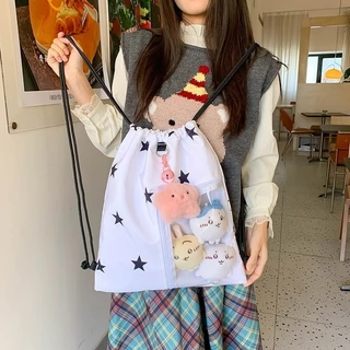 COD กระเป๋าสะพายคู่ Drawstring (ไม่รวมตุ๊กตา) ความจุขนาดใหญ่ พิมพ์ดาว กระเป๋าเป้สะพายหลัง Drawstring