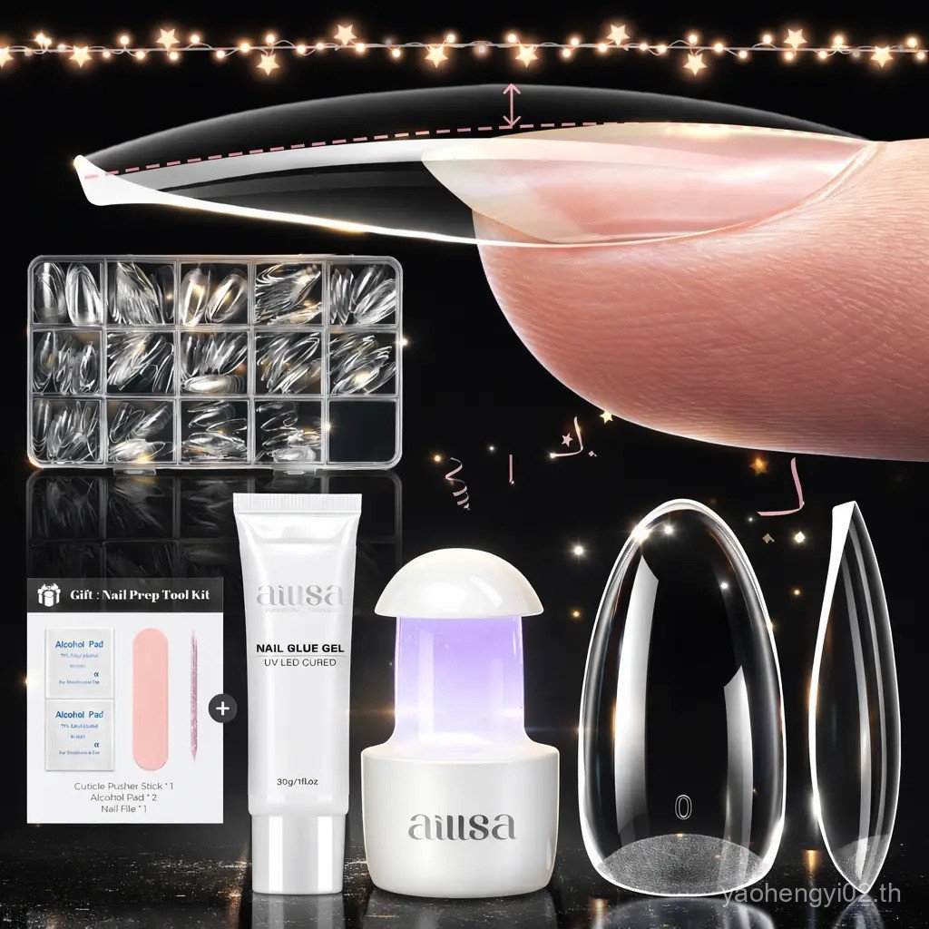 Aillsa 2.0 ชุดเคล็ดลับเล็บใส Curve Fit ในตัว, โคมไฟรักษา UV ขนาดเล็ก, 30g Strong Solid Nail Glue Med