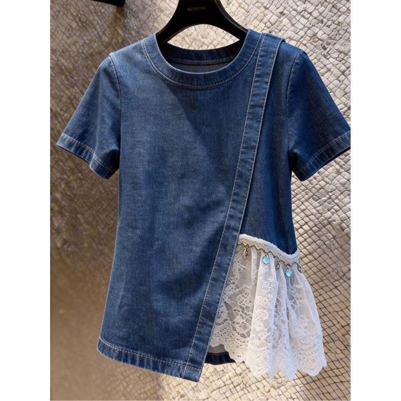 【ลดราคาจำกัดเวลา】เสื้อเชิ้ตยีนส์แขนสั้น ลูกไม้แปะ ผ่าข้าง ใส่แล้วผอม ใส่ได้ทุกวัน