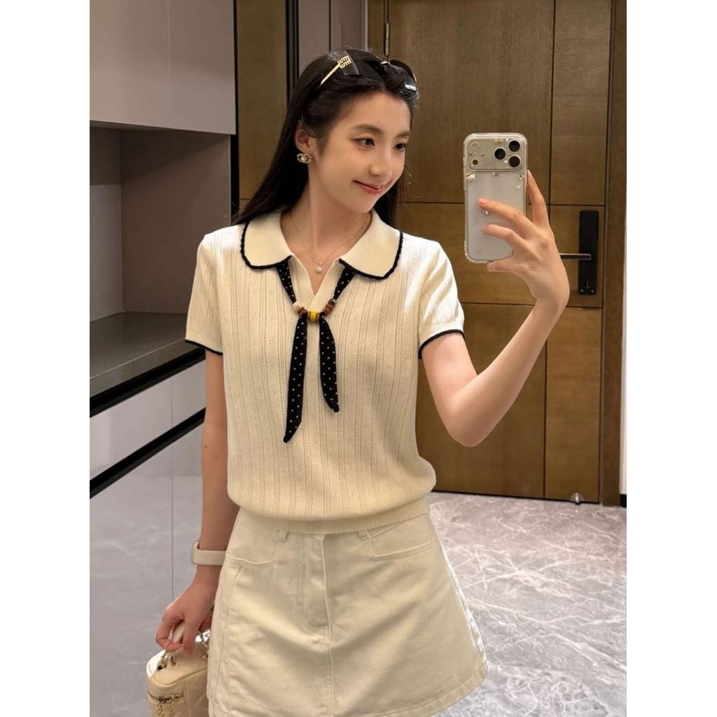 เสื้อถักแขนสั้นคอปกผูกทรงครอปหลวม