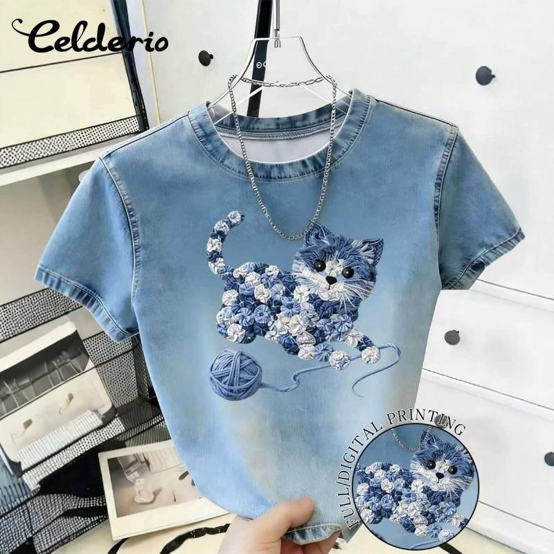 Celderio ผู้หญิงฤดูร้อนแมวน่ารักพิมพ์ Denim Pullover Tops เสื้อยืดแขนสั้นลําลอง