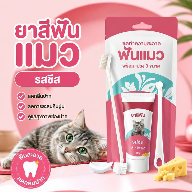 ชุดยาสีฟันแมว แปรงสีฟันแมว 2 ด้าม หัวแปรง 3 ขนาด รสชีส ลดกลิ่นปาก ขจัดคราบพลัค ดูแลเหงือก