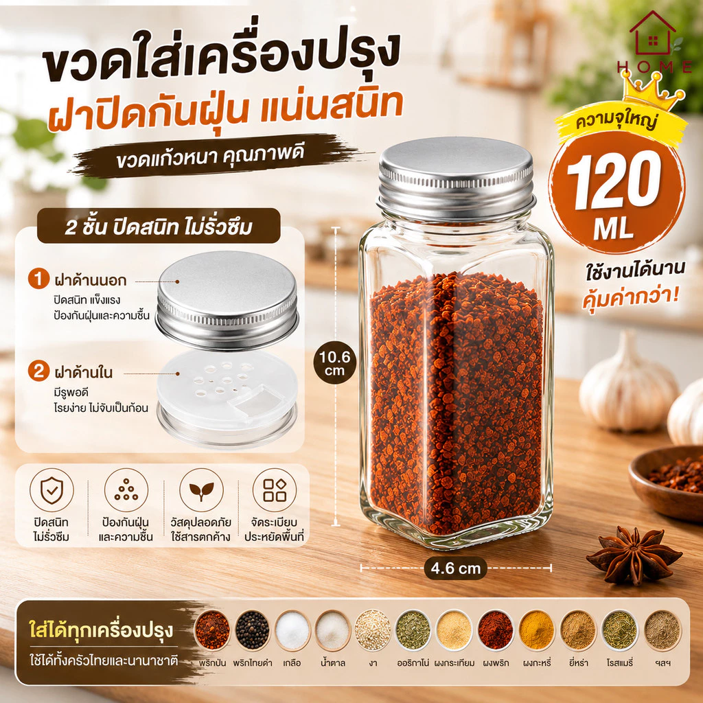 Home007 ขวดใส่เครื่องปรุงแก้ว พร้อมฝาปิดกันฝุ่น ขวดใส่พริกป่น ขวดใส่พริกไทย ขวดใส่เครื่องเทศ ขวดแก้วหนา Spice Bottle