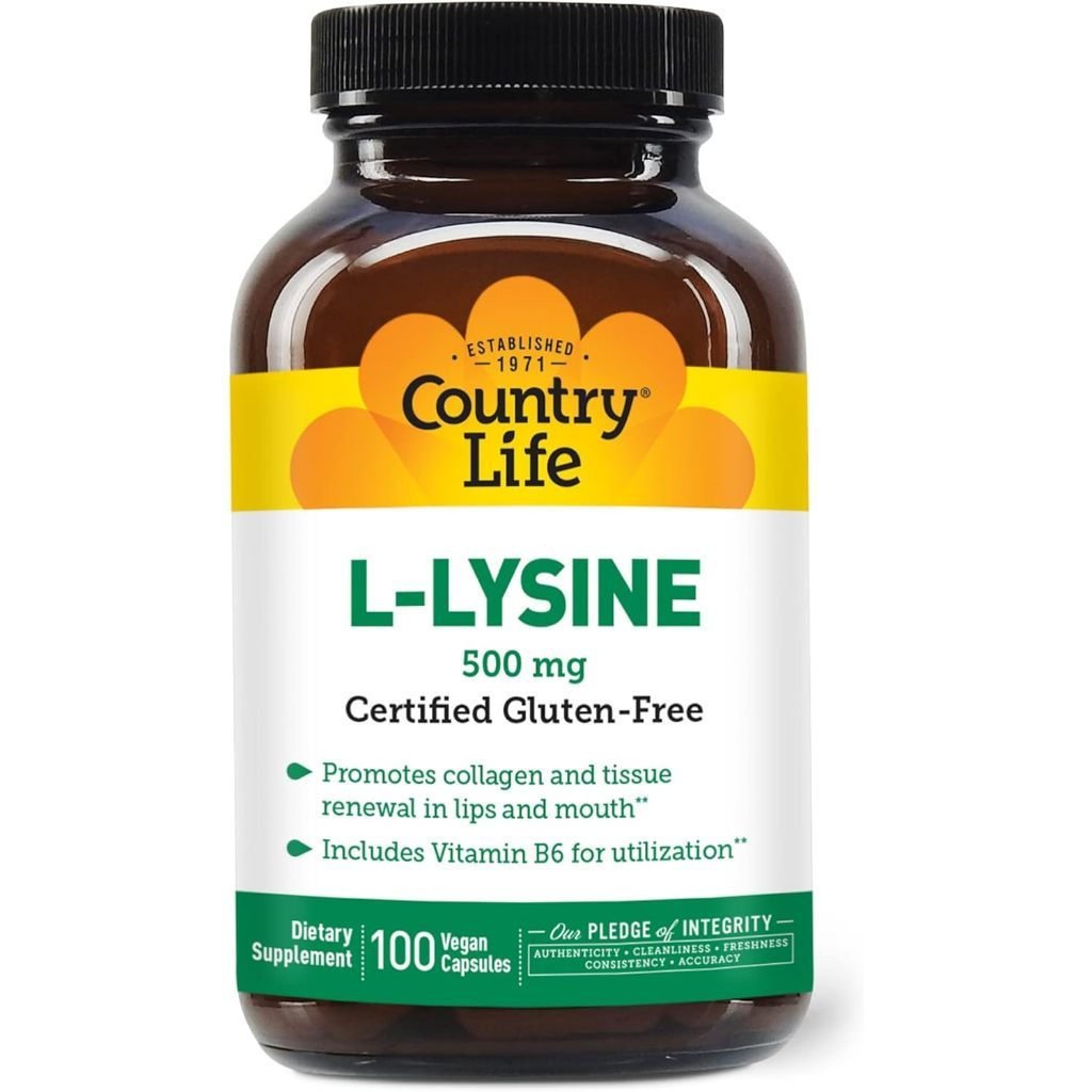 Country Life L-Lysine 500mg พร้อม B-6, 100 แคปซูลมังสวิรัติรองรับสุขภาพภูมิคุ้มกัน, ส่งเสริมการต่ออา