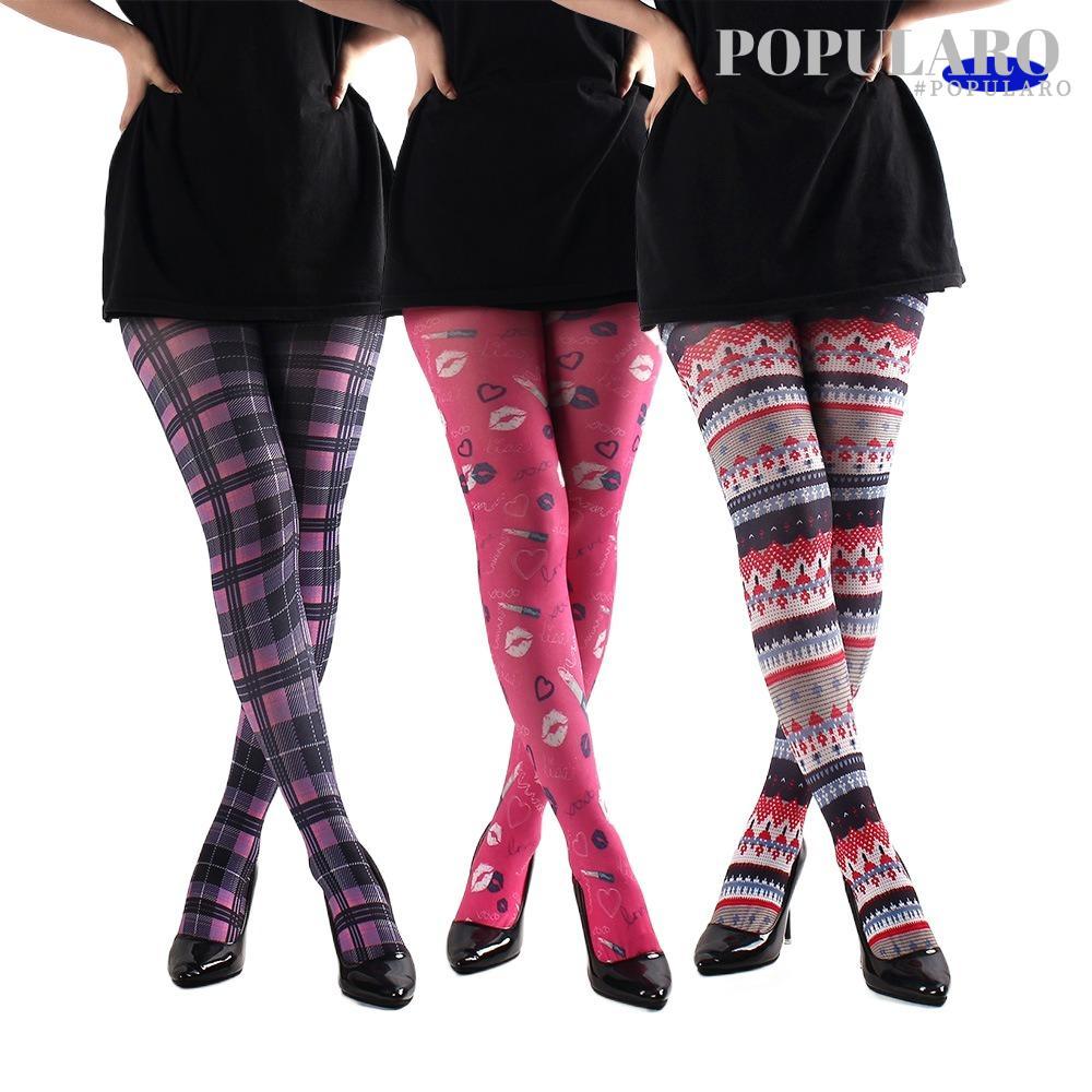 POPULARO พิมพ์ Tights, คลาสสิก Tartan สก็อตตรวจสอบรูปแบบถุงน่องสตรี, สีแดงสีม่วงสีฟ้า Semi-Opaque Hi