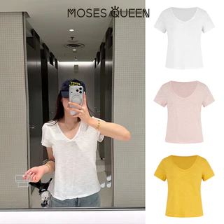 MOSESQUEEN เสื้อยืดระบายอากาศคอวีรีดขอบขี้เกียจและสะดวกสบายสําหรับผู้หญิง - เสื้อเชิ้ตแขนสั้นสีบริสุทธิ์กระชับสัดส่วน #63901