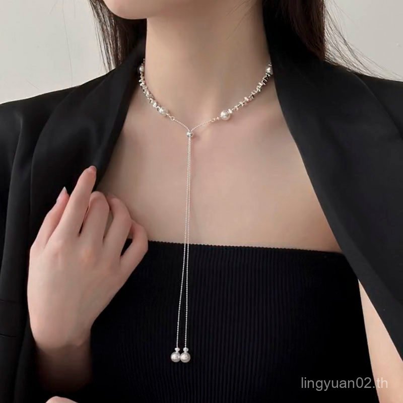 หักเงินมุกยาวพู่ปรับสร้อยคอผู้หญิงสไตล์ใหม่อินเทรนด์อารมณ์Niche High-End Clavicle Chain 7UCB