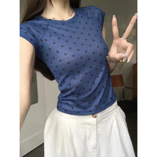 <Moses Queen> เสื้อยืดแขนสั้นลายจุด ครอป โปร่งเล็กน้อย บาง ทรงเข้ารูป คอกลม แขนพลิ้วเล็ก