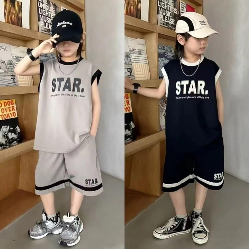 ชุดกีฬาเด็กผู้ชายฤดูร้อนสไตล์เกาหลี แห้งเร็ว ชุดเสื้อกล้ามเสื้อสั้นกางเกงขาสั้นเด็กโต