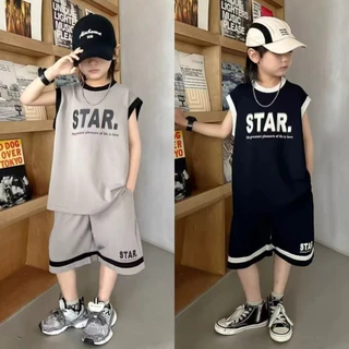 ชุดกีฬาเด็กผู้ชายฤดูร้อนสไตล์เกาหลี แห้งเร็ว ชุดเสื้อกล้ามเสื้อสั้นกางเกงขาสั้นเด็กโต