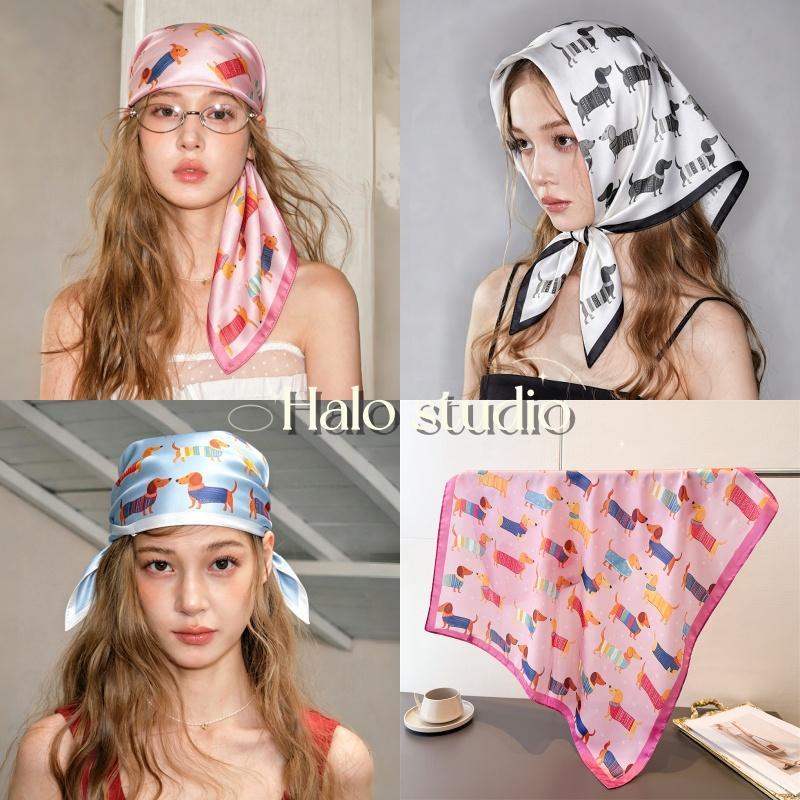 Halo studio พร้อมส่ง ผ้าพันคอพิมพ์ลายสุนัขดัชชุนด์และเปลือกหอย ขนาด 70-70 ซม. สำหรับฤดูร้อน