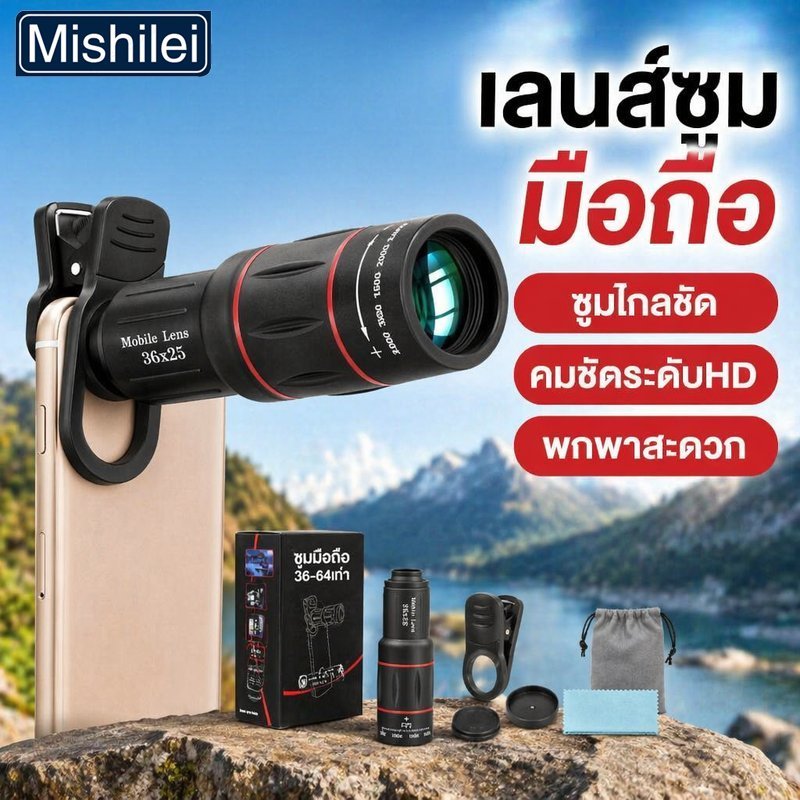 Mishilei เลนส์ซูมมือถือ เทเลโฟโต้ 36X 64X กำลังขยายสูง ภาพคมชัดHD คลิปหนีบโลหะ ดูนก คอนเสิร์ต