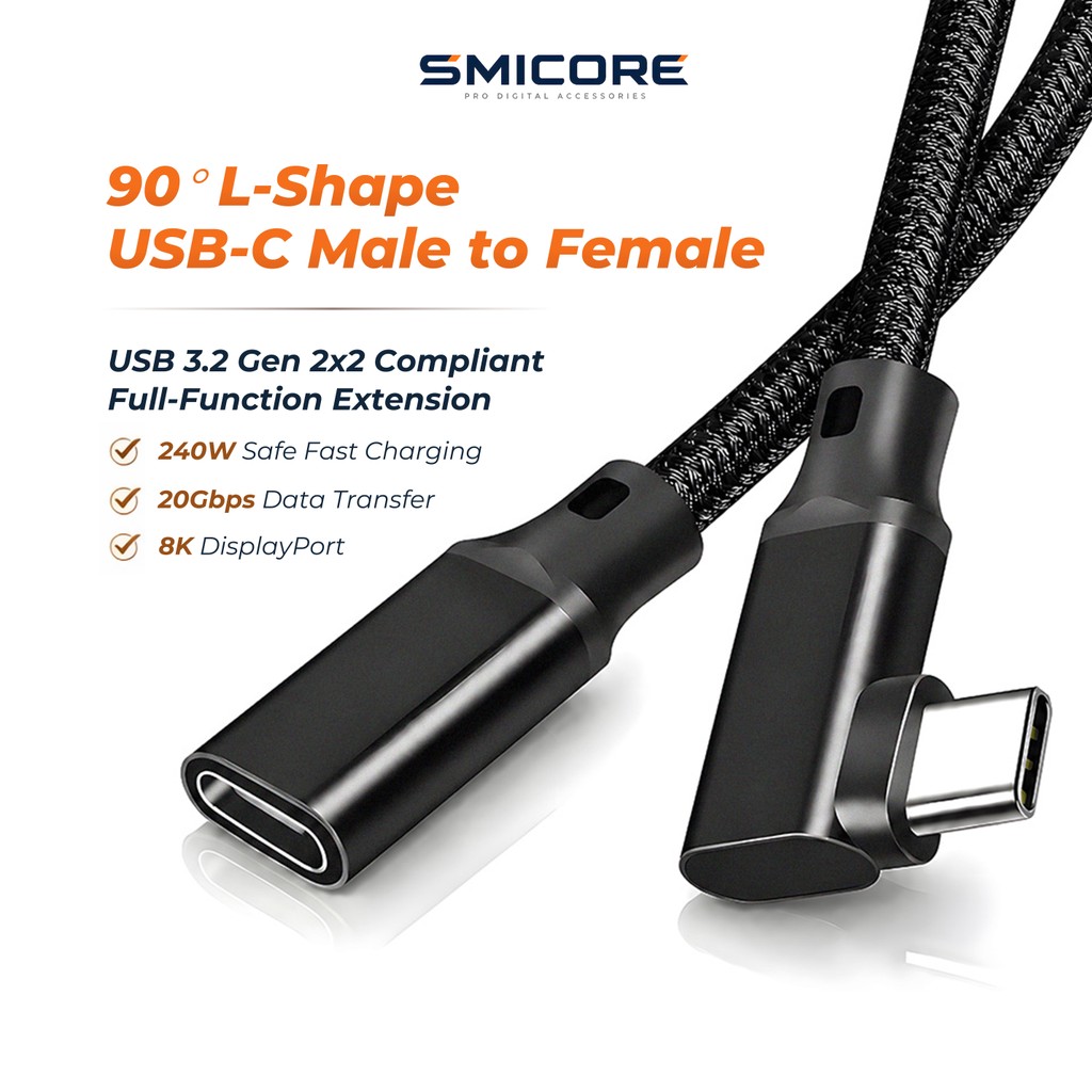 สายต่อขยาย Type-C 90° L-Shape C ชาย → C หญิง 20Gbps USB3.2 Gen2x2 PD 240W รองรับ 8K สำหรับ มือถือ โน้ตบุ๊ก Dock